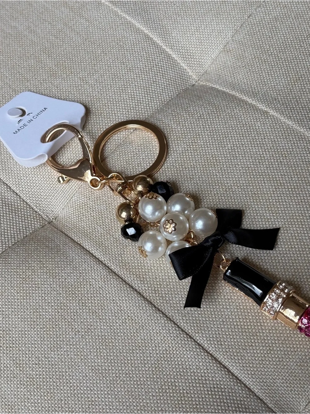 Pearl & Black Ribbon Lipstick Keychain Bag Charm